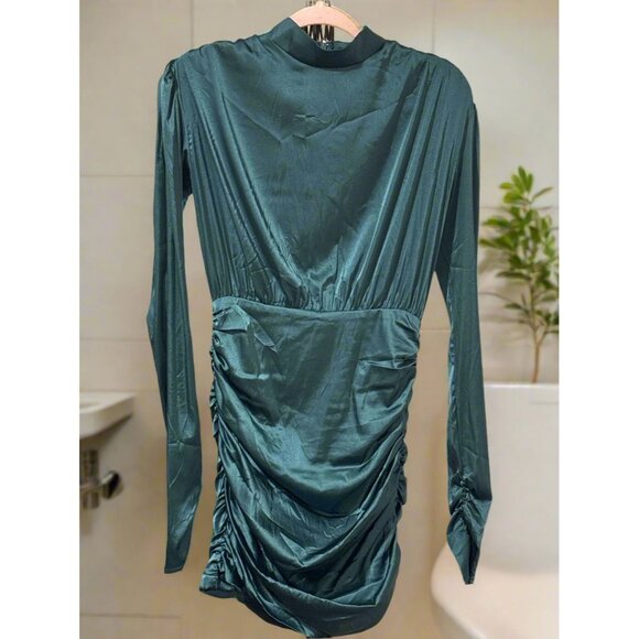Rare London Emerald Green Ruched Mini Dress - Picture 2 of 4